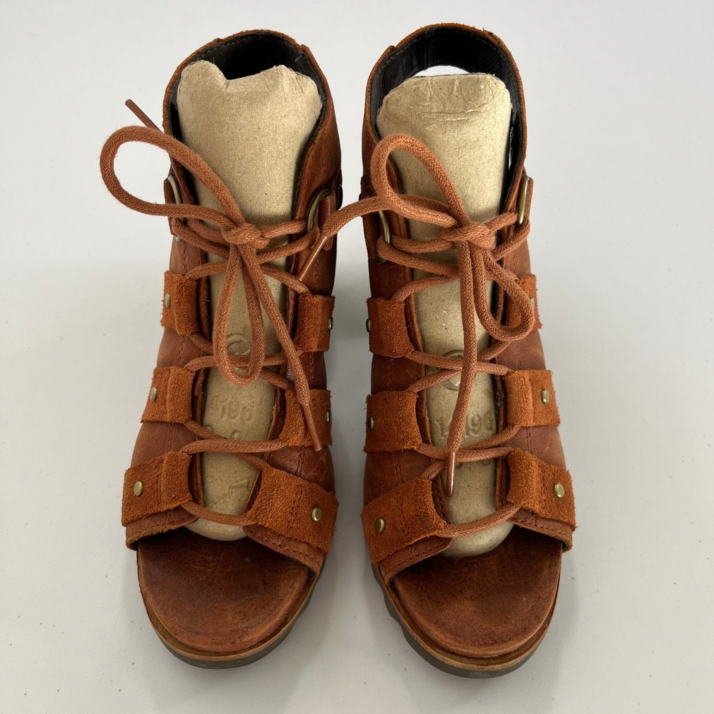Sorel Addington Women's 7 Rust Brown Leather Lace Up Block Heel Sandals 659 - Picture 3 of 10